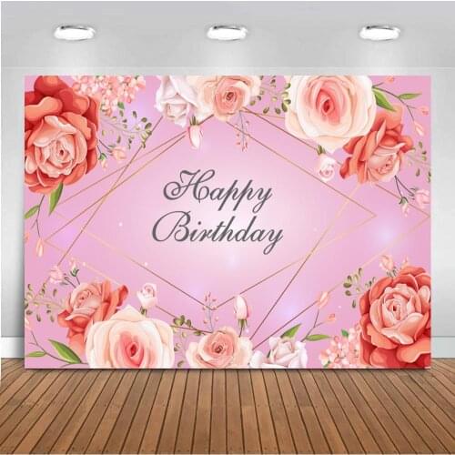 Rose Gold Glitter Happy Birthday Backdrop Floral Flowers Dots Adult Girl Birthday Party Background Decoration Custom Photography