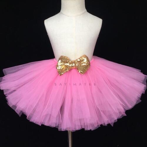 Cute Baby Pink Tutu Skirt Girls Fluffy Tulle Pettiskirts Ballet Tutus with Gold Sequin Bow Kids Party Glitter Costumes Skirts
