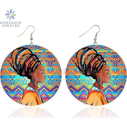 SOMESOOR 3 Designs African Ethnic Headwrap Woman Wooden Tribal Earrings Black Roots Art Painted Both Sides Dangle For Women Gift