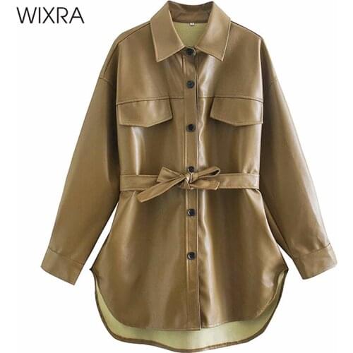 Wixra Women Faux Leather Turn Down Collar Single Breasted Button Long Sleeve Sashes Coat Solid Lady Jacket 2021 Vintage Outwear