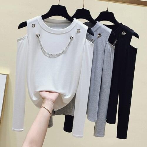 Off Shoulder Tops Long Sleeve T Shirt Women Cotton 2021 Korean Style Chain T-Shirt Woman Clothes Black White Tee Shirt Femme
