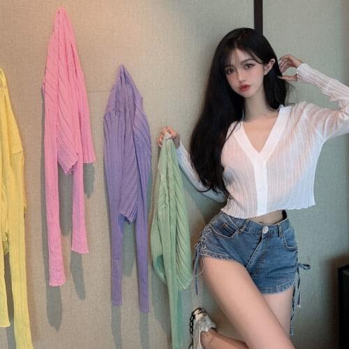 Woman Sweaters Cardigan V-neck Long Sleeve Sun Protection Sweater Summer Ice Silk Outer Wear Cardigan Coat Top Sueters De Mujer