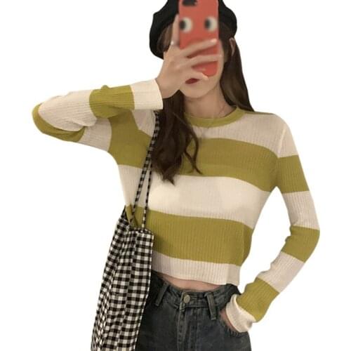 Women Fashion Loose Striped Pullover Sweaters Long-sleeved Round Neck Knitted Jumpers Pull Femme
