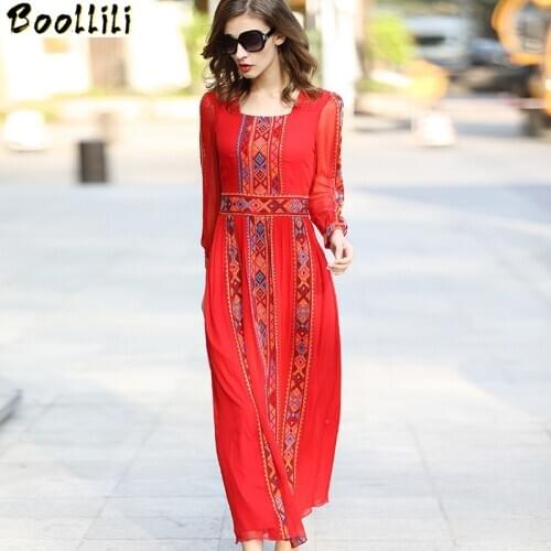 Boollili 2020 Spring Summer 100% Silk Dress Women Embroidery Red Long Dress Elegant Maxi Print Boho Ladies Dresses Vestido Mujer