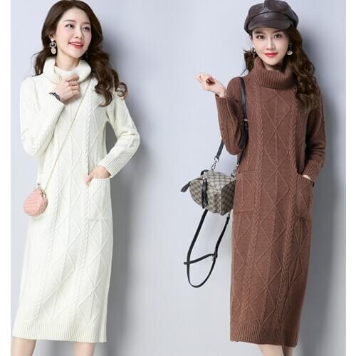 Winter Lady Turtleneck Long Dress Fashion Plaid Knit Dress Elegant High Collar Thick Sweater Dress With Pockets