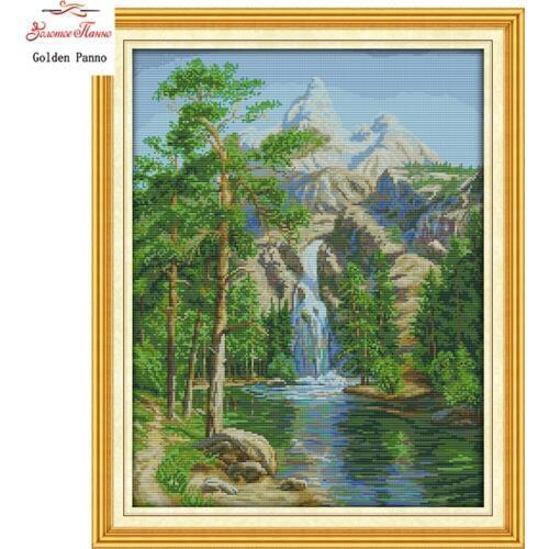 Golden Panno,High mountain and flowing water diy Painting Counted Printed on canvas DMC 14CT 11CT Cross Stitch Needlework 0123