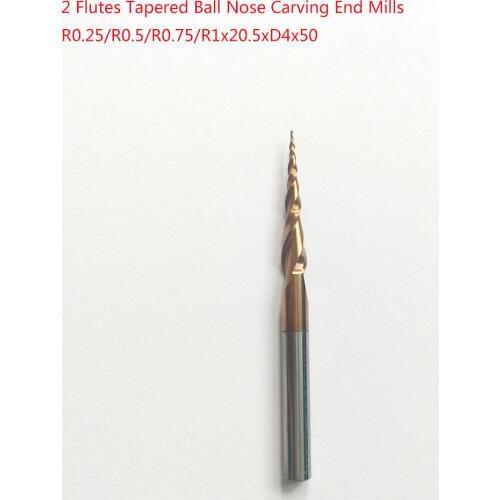 1pc R0.25/R0.5/R0.75/R1x20.5xD4x50 4mm 2F HRC55 solid carbide Tapered Ball Nose Carving End Mills CNC milling cutters knife