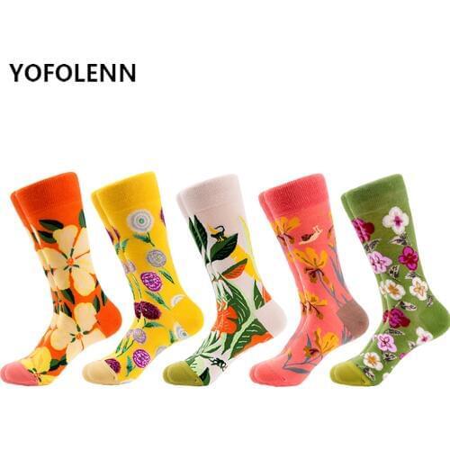 5 Pairs/lot 2020 New Combed Cotton Womens Socks with Cute Flower Pattern Colorful Long Happy Funny Comfortable Socks