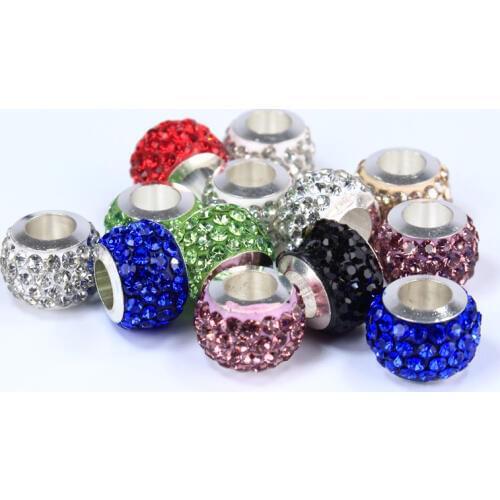 50PCS Lot New CZ Crystal Rhinestone European Large Hole Beads Resin Glass Spacer Bead Charms Fit For Pandora Bracelets Jewelry