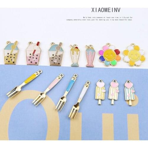 6pcs 2020 Korean Fashion Fork Pearl Milk Tea Ice Cream Flower Funny Drop Earrings For Women Jewelry Material Diy Accessories