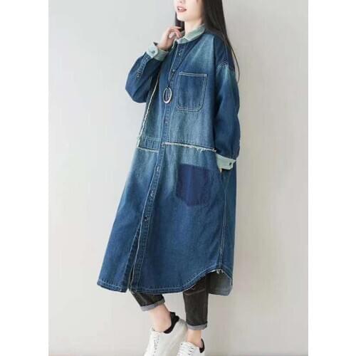 Free Shipping 2020 Fashion Denim Long Coat For Women Plus Size Loose Jeans Outerwear Long Sleeve Dresses Single-breasted Pockets