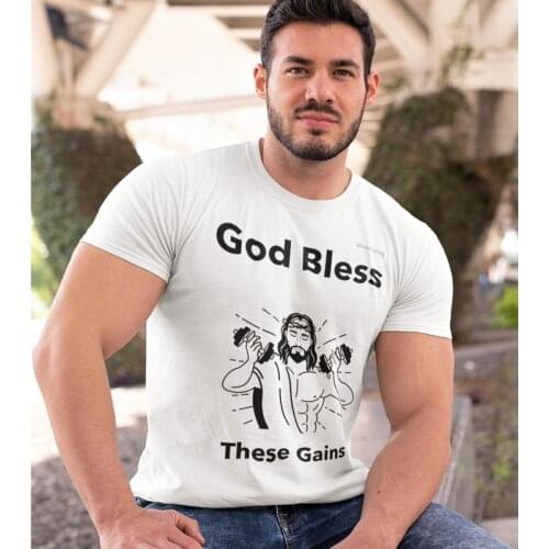 God Bless These Gains T-shirt Funny Jesus Gym Workout Tshirt Casual Unisex Short Sleeve Graphic Christian Top Tee Shirt