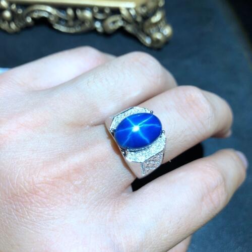 Cool men ring shiny blue star sapphire gem ring 925 silver jewelry big size shiny gem certified birthday gift