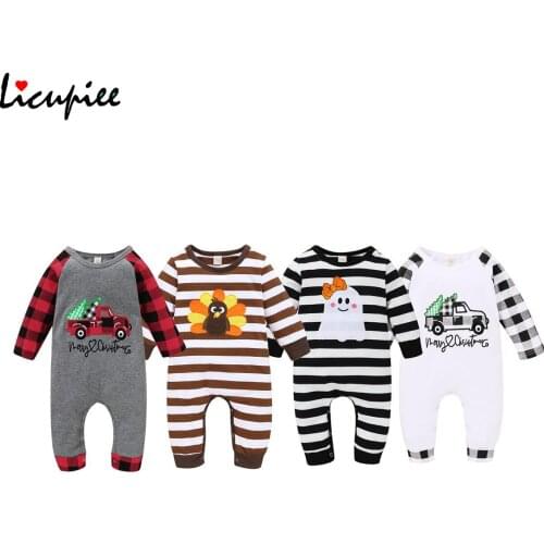 Newborn Girls Halloween Thanksgiving Christmas Jumpsuits, Round Neck Long Sleeve Cartoon Stripe Plaid Long Romper 0-18 Months