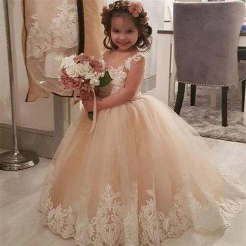 Custom Champagne Flower Girls Ball Gowns Long Lace Flowers Girl Wedding Dresses Flower Girl Dresses With Beaded Sash