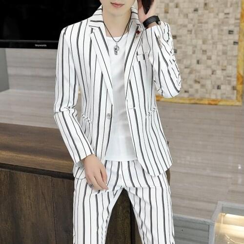 2021 Mens Slim-Fit Striped Suit Youth British Style Leisure Suit Groom Wedding Suit Two Pieces