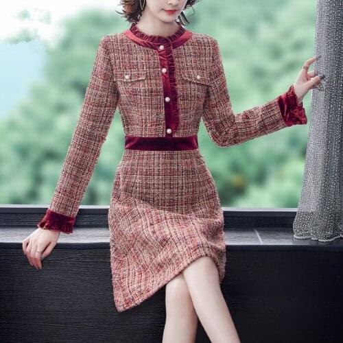 New Slim Red Tweed Dress Women Autumn Vintage Velvet Patchwork Dresses Female Elegant Woolen Blends Dress Ladies Office Vestidos