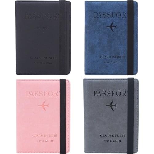 Elastic Band Leather Passport Cover RFID Blocking For Cards Travel Passport Holder Wallet Document Organizer Case Men Women