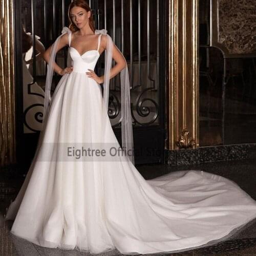 Eightree Simple Cheap Wedding Dresses Straps Dots Tulle Boho Bride Dress 2021 Fairy Wedding Gowns Sweep Train Mariage