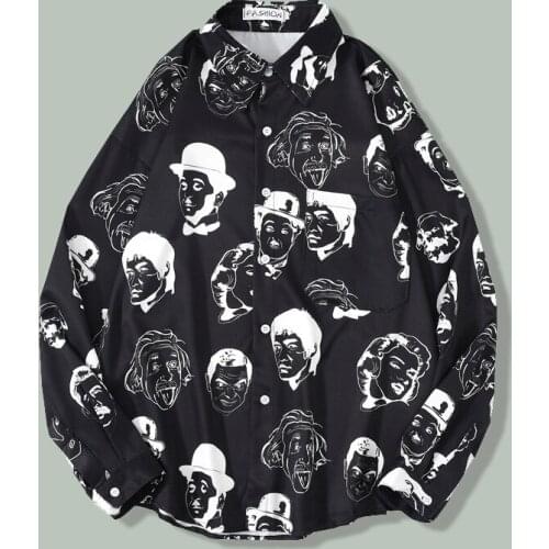 Cartoon Character Print Long Sleeve Shirt Men Harajuku Streetwear Loose Hipster Tops Fall Campus Couple Hip Hop Oversize Shirts