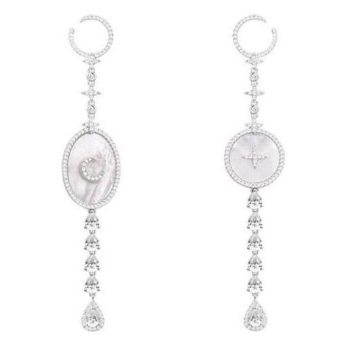 S925 Asymmetry Earring White Shell Shine Rhinestone Zircon Star Drop Earrings For Women (DJ1344)