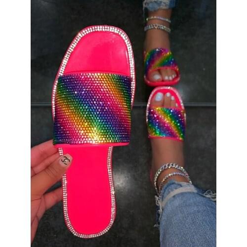 Womens Shoes Summer Flat Sandals Fashion Rhinestone Open Toe Slippers Outdoor Rainbow Shoes Plus Size 43