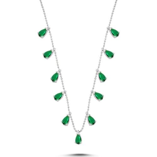 Silver 925 Sterling Drop Emerald Zircon Cubic Zirconia Dangle Necklace