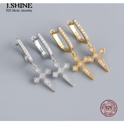 JShine Baroque Style Cross Real S925 Sterling Silver Earrings U-Shaped Hoops CZ Dangle Hanging Ear Buckle Earrings for Women
