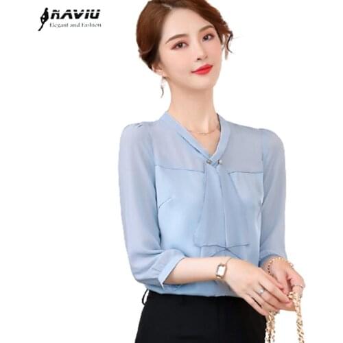 Light Blue V Neck Shirt Women Half Sleeve Summer New Professional Temperament Bottoming Chiffon Blouses Office Ladies Work Tops
