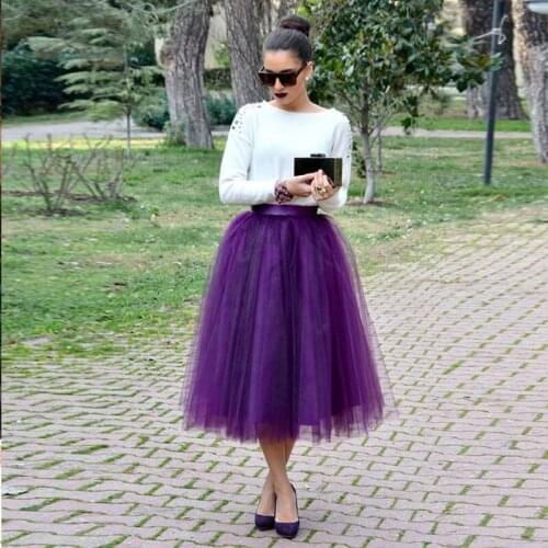 Hot Sale Elegant Purple Tulle Women Skirts A Line Tea Length Five Layers Tulle Skirts Fashion Faldas Saia Jupe