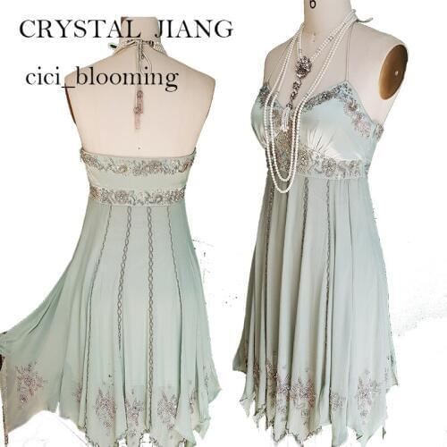 20S Styles Vintage Silk Dress Halter Neck Beaded Light Green Short Bridesmaid Dresses