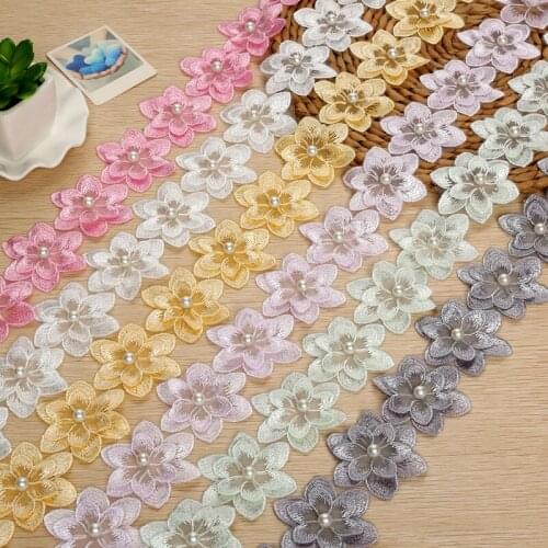 20Yds Organza 3D Flower Pearls Handmade 63mm Embroidered Lace Trim Ribbon Applique Wedding DIY Patch Garment Sewing Accessories