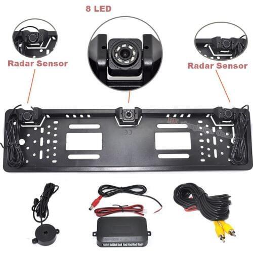 YYZSDYJQ EU European Car License CCD Rear View Camera Plate Frame Parking Camera Two Reversing Radar Parking Sensors