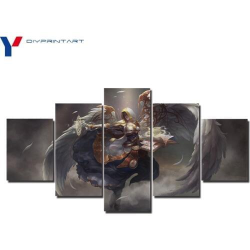 White Angel Wings Blood Elf Priest 5 Panel Modern Wall Art World of Warcraft Game Poster Living Room Decoration A0993