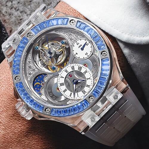 Skeleton Watch SUGESS Luxury Mechanical Hand Wind Embedded Diamond Stainless Steel Case Waterproof Numberless Scale Top Brand