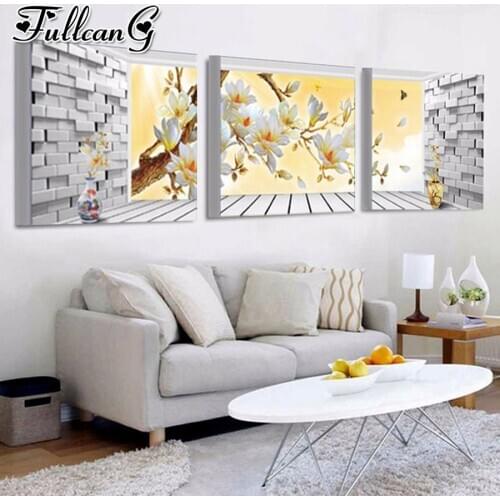 FULLCANG 5d diy diamond embroidery Magnolia flowers triptych painting full square round mosaic pattern kit home decor FC3298