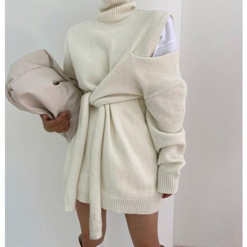 JSXDHK New Korean Design Winter Women Off Shoulder Sweaters Fashionable White Turtleneck Knitted Lace Up Bowknot Long Pullovers