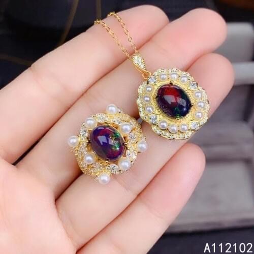 KJJEAXCMY fine jewelry 925 sterling silver inlaid natural black opal Girls' luxury court style pearl ring pendant set support te