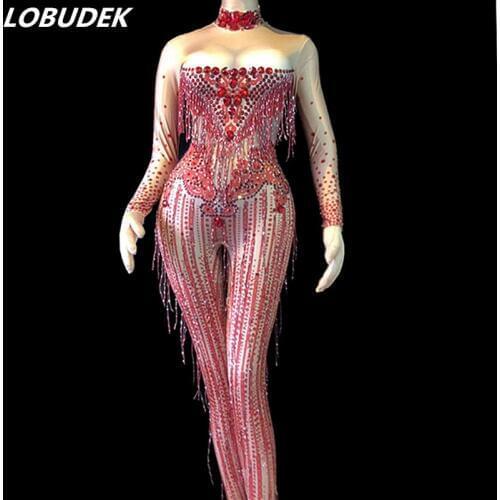 Red Tassels Crystals Jumpsuit Female Singer Dancer Sexy Leggings Costume Big Stretch Bodysuit Nightclub Outfit Party Wear Outfit