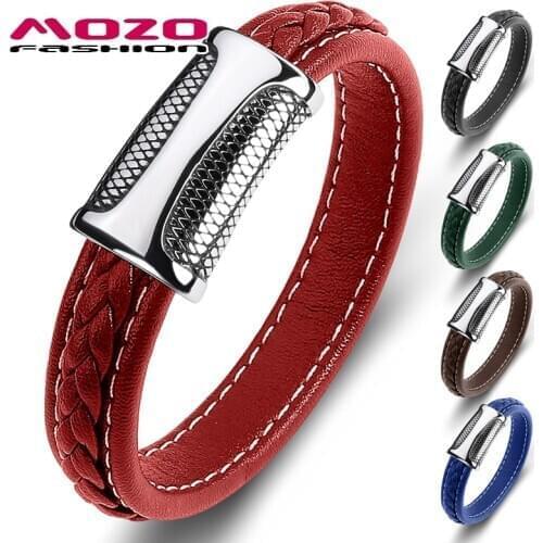 MOZO FASHION 2020 New Classic Men Bracelet Black Genuine Leather Stainless Steel Snake High Quality Woman Jewelry Gifts 106