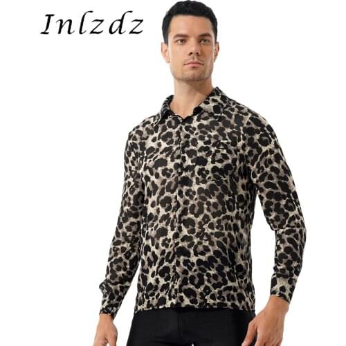 Mens Fashion Leopard Print Button Shirt Top Turn-down Collar Long Sleeve See-through Clubwear Male Party Nightclub Tops
