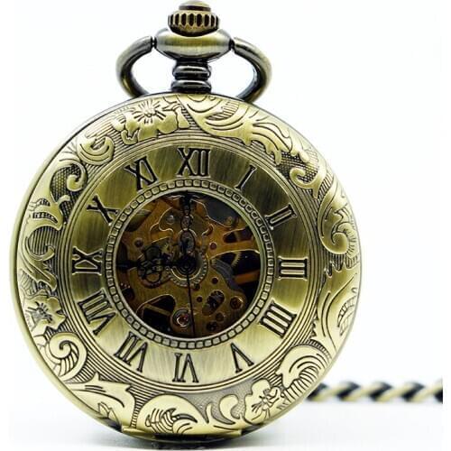 Men Women Automatic Mechanical Pocket Watch Carving Skeleton Fashion Chain Fob Copper Exquisite Bronze Clock Gift PJX1252