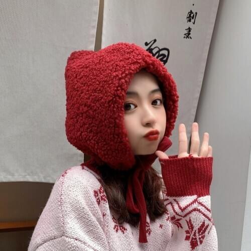 New thickened warm ear strap imitation lamb hair hat in autumn and winter