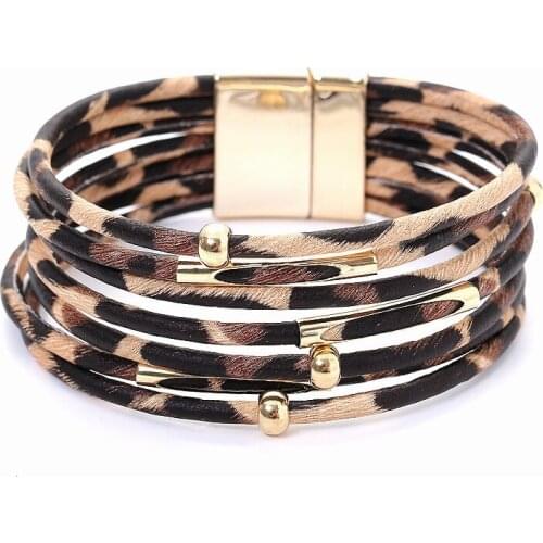 New Creative Retro Autumn/winter Leopard Print High Quality Metal Magnetic Buckle Artificial Leather Bracelet