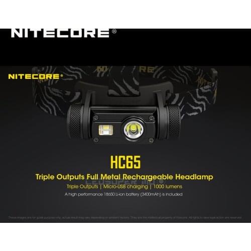 Gold Winner 2019 ISPO Award Nitecore HC65 CREE XML2-U2 LED 1000 Lumens Triple Output Rechargeable Headlamp with Li-ion Battery