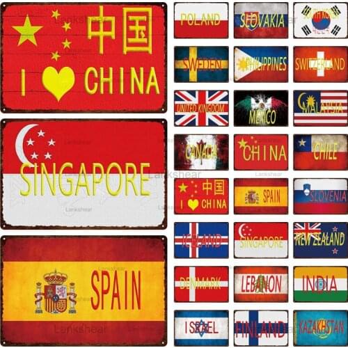 Retro Country Flag License Plate Metal Signs Vintage Plaque Tin Sign Bar Home Wall Decor for China Poland Singapore Canada 6Oo-1
