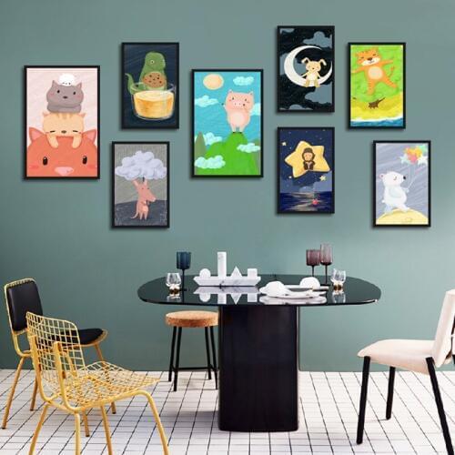 Cartoon Cute Animals Poster Bird Cat Bear Lion Kangaroo Giraffe Pictures Canvas Painting for Children Room Kindergarten Decor