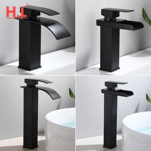 Basin Faucet Black Waterfall Faucet Mixer Tap Brass Bathroom Faucet Bathroom Basin Faucet Mixer Tap Hot and Cold Sink faucet