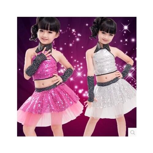 Collar Halter Sequins Veil Dress Skirt fuchsia silver Childrens Dancewear Performance Clothes Modern Latin Dance Stage Costume