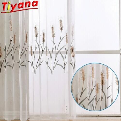 Yellow Wheat Ears Embroidery Tulle Curtains for Living Room Barley Window Drapes Grass Pattern Sheer Volie for Balcony#VT